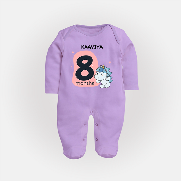 Baby Full Sleeve Bodysuit/ Sleep Suit/ Jumpsuit Birthday Outfit - 8th Month | Personalized Full Sleeve Bodysuit/ Sleep Suit/ Jumpsuit | Cozy Cotton Fabric - LILAC - New Born (Chest 7.5")