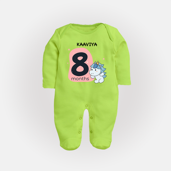 Baby Full Sleeve Bodysuit/ Sleep Suit/ Jumpsuit Birthday Outfit - 8th Month | Personalized Full Sleeve Bodysuit/ Sleep Suit/ Jumpsuit | Cozy Cotton Fabric - LIME GREEN - New Born (Chest 7.5")