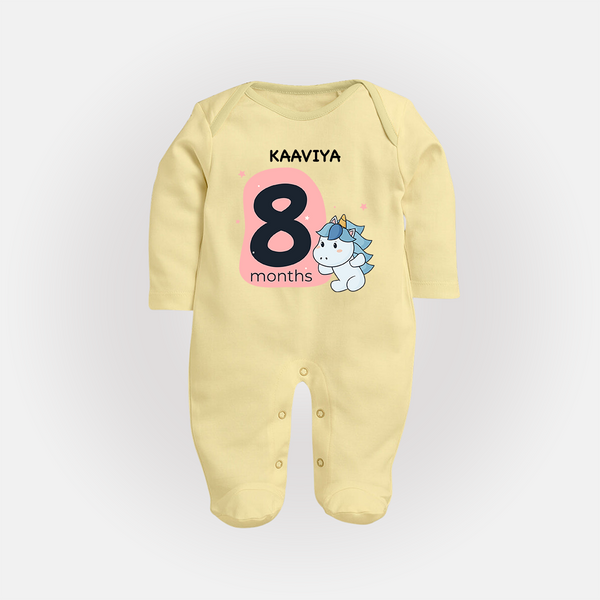 Baby Full Sleeve Bodysuit/ Sleep Suit/ Jumpsuit Birthday Outfit - 8th Month | Personalized Full Sleeve Bodysuit/ Sleep Suit/ Jumpsuit | Cozy Cotton Fabric - PASTEL YELLOW - New Born (Chest 7.5")