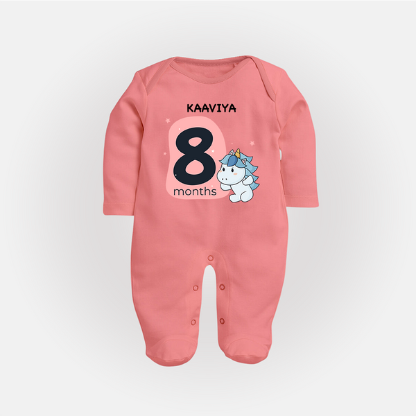 Baby Full Sleeve Bodysuit/ Sleep Suit/ Jumpsuit Birthday Outfit - 8th Month | Personalized Full Sleeve Bodysuit/ Sleep Suit/ Jumpsuit | Cozy Cotton Fabric - PEACH - New Born (Chest 7.5")