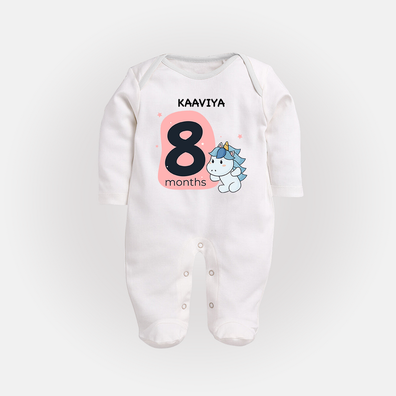 Baby Full Sleeve Bodysuit/ Sleep Suit/ Jumpsuit Birthday Outfit - 8th Month | Personalized Full Sleeve Bodysuit/ Sleep Suit/ Jumpsuit | Cozy Cotton Fabric - WHITE - New Born (Chest 7.5")