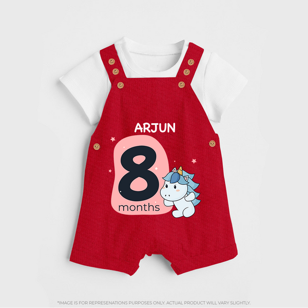 Baby Dungaree Set Birthday Outfit - 8th Month | Personalized Dungaree Set | Cozy Cotton Fabric - RED - 0 - 5 Months Old (Chest 18")