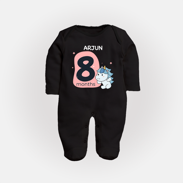 Baby Full Sleeve Bodysuit/ Sleep Suit/ Jumpsuit Birthday Outfit - 8th Month | Personalized Full Sleeve Bodysuit/ Sleep Suit/ Jumpsuit | Cozy Cotton Fabric - BLACK - New Born (Chest 7.5")