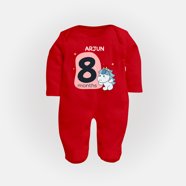 Baby Full Sleeve Bodysuit/ Sleep Suit/ Jumpsuit Birthday Outfit - 8th Month | Personalized Full Sleeve Bodysuit/ Sleep Suit/ Jumpsuit | Cozy Cotton Fabric - RED - New Born (Chest 7.5")