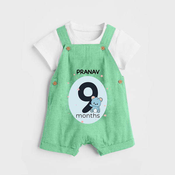 Baby Dungaree Set Birthday Outfit - 9th Month | Personalized Dungaree Set | Cozy Cotton Fabric - GREEN - 0 - 5 Months Old (Chest 18")