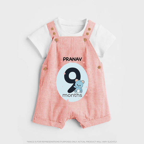 Baby Dungaree Set Birthday Outfit - 9th Month | Personalized Dungaree Set | Cozy Cotton Fabric - PEACH - 0 - 5 Months Old (Chest 18")