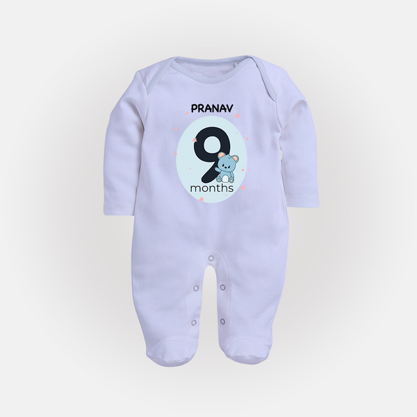 Baby Full Sleeve Bodysuit/ Sleep Suit/ Jumpsuit Birthday Outfit - 9th Month | Personalized Full Sleeve Bodysuit/ Sleep Suit/ Jumpsuit | Cozy Cotton Fabric - BABY BLUE - New Born (Chest 7.5")