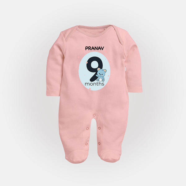 Baby Full Sleeve Bodysuit/ Sleep Suit/ Jumpsuit Birthday Outfit - 9th Month | Personalized Full Sleeve Bodysuit/ Sleep Suit/ Jumpsuit | Cozy Cotton Fabric - BABY PINK - New Born (Chest 7.5")