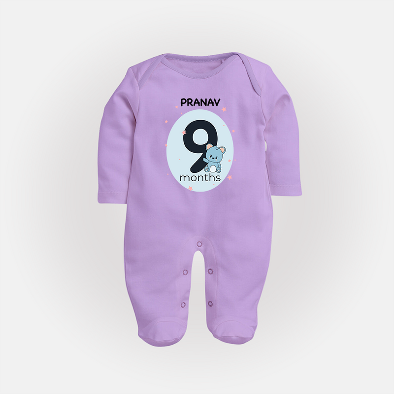 Baby Full Sleeve Bodysuit/ Sleep Suit/ Jumpsuit Birthday Outfit - 9th Month | Personalized Full Sleeve Bodysuit/ Sleep Suit/ Jumpsuit | Cozy Cotton Fabric - LILAC - New Born (Chest 7.5")