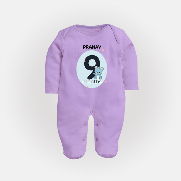 Baby Full Sleeve Bodysuit/ Sleep Suit/ Jumpsuit Birthday Outfit - 9th Month | Personalized Full Sleeve Bodysuit/ Sleep Suit/ Jumpsuit | Cozy Cotton Fabric - LILAC - New Born (Chest 7.5")