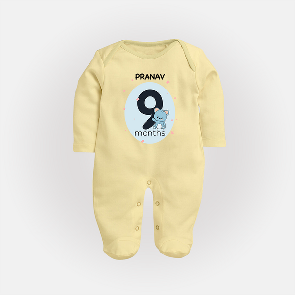 Baby Full Sleeve Bodysuit/ Sleep Suit/ Jumpsuit Birthday Outfit - 9th Month | Personalized Full Sleeve Bodysuit/ Sleep Suit/ Jumpsuit | Cozy Cotton Fabric - PASTEL YELLOW - New Born (Chest 7.5")