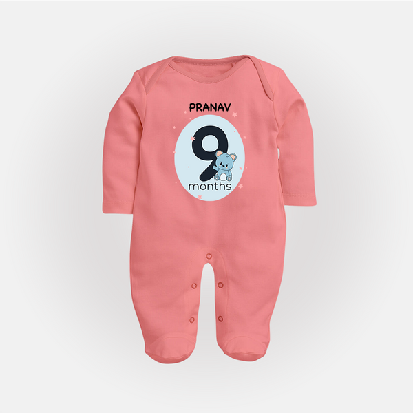 Baby Full Sleeve Bodysuit/ Sleep Suit/ Jumpsuit Birthday Outfit - 9th Month | Personalized Full Sleeve Bodysuit/ Sleep Suit/ Jumpsuit | Cozy Cotton Fabric - PEACH - New Born (Chest 7.5")