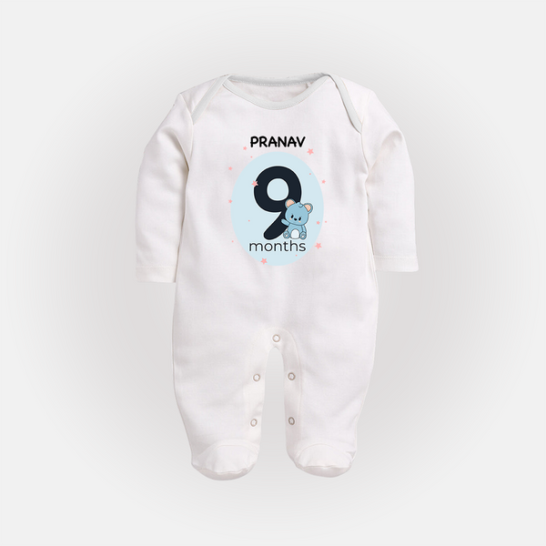 Baby Full Sleeve Bodysuit/ Sleep Suit/ Jumpsuit Birthday Outfit - 9th Month | Personalized Full Sleeve Bodysuit/ Sleep Suit/ Jumpsuit | Cozy Cotton Fabric - WHITE - New Born (Chest 7.5")