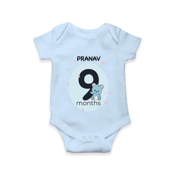 Baby Romper Birthday Outfit - 9th Month | Personalized Bodysuit | Cozy Cotton Fabric - BABY BLUE - New Born (Chest 14")