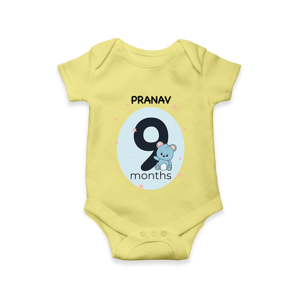 Baby Romper Birthday Outfit - 9th Month | Personalized Bodysuit | Cozy Cotton Fabric - PASTEL YELLOW - New Born (Chest 14")
