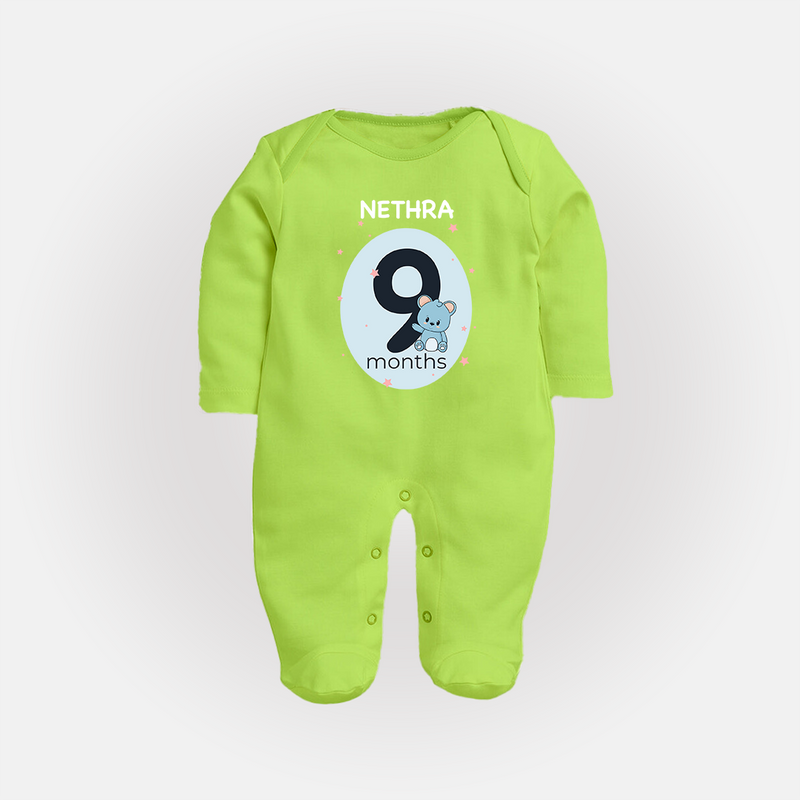 Baby Full Sleeve Bodysuit/ Sleep Suit/ Jumpsuit Birthday Outfit - 9th Month | Personalized Full Sleeve Bodysuit/ Sleep Suit/ Jumpsuit | Cozy Cotton Fabric - LIME GREEN - New Born (Chest 7.5")