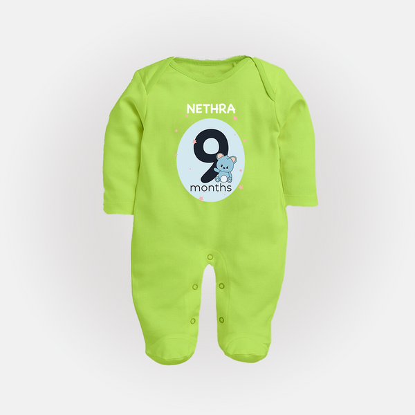 Baby Full Sleeve Bodysuit/ Sleep Suit/ Jumpsuit Birthday Outfit - 9th Month | Personalized Full Sleeve Bodysuit/ Sleep Suit/ Jumpsuit | Cozy Cotton Fabric - LIME GREEN - New Born (Chest 7.5")