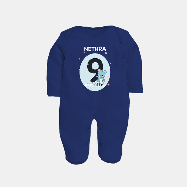 Baby Full Sleeve Bodysuit/ Sleep Suit/ Jumpsuit Birthday Outfit - 9th Month | Personalized Full Sleeve Bodysuit/ Sleep Suit/ Jumpsuit | Cozy Cotton Fabric - NAVY BLUE - New Born (Chest 7.5")