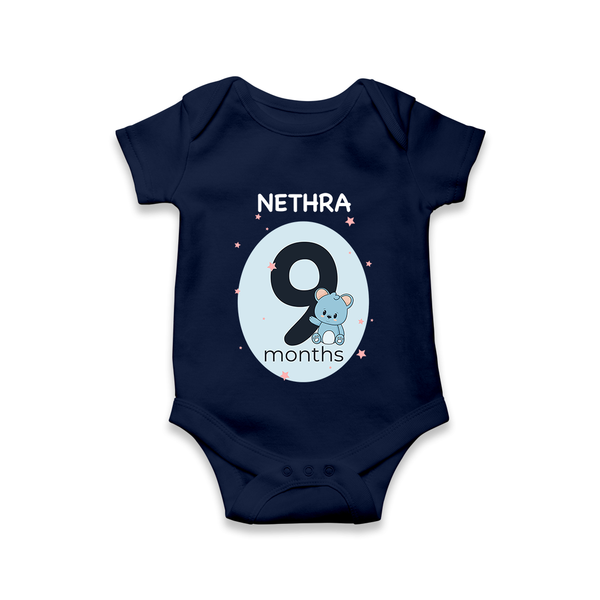 Baby Romper Birthday Outfit - 9th Month | Personalized Bodysuit | Cozy Cotton Fabric - NAVY BLUE - New Born (Chest 14")