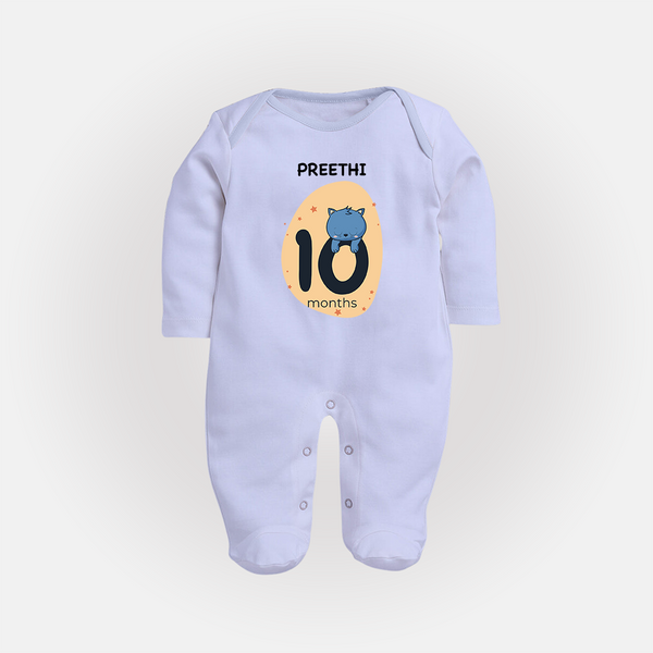 Baby Full Sleeve Bodysuit/ Sleep Suit/ Jumpsuit Birthday Outfit - 10th Month | Personalized Full Sleeve Bodysuit/ Sleep Suit/ Jumpsuit | Cozy Cotton Fabric - BABY BLUE - New Born (Chest 7.5")