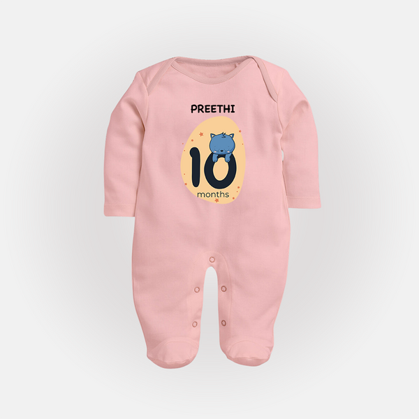 Baby Full Sleeve Bodysuit/ Sleep Suit/ Jumpsuit Birthday Outfit - 10th Month | Personalized Full Sleeve Bodysuit/ Sleep Suit/ Jumpsuit | Cozy Cotton Fabric - BABY PINK - New Born (Chest 7.5")