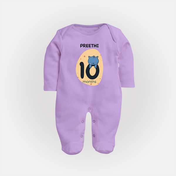 Baby Full Sleeve Bodysuit/ Sleep Suit/ Jumpsuit Birthday Outfit - 10th Month | Personalized Full Sleeve Bodysuit/ Sleep Suit/ Jumpsuit | Cozy Cotton Fabric - LILAC - New Born (Chest 7.5")