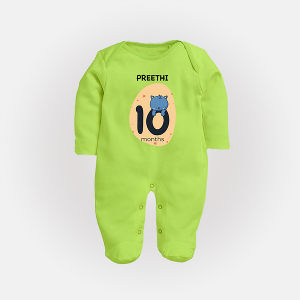 Baby Full Sleeve Bodysuit/ Sleep Suit/ Jumpsuit Birthday Outfit - 10th Month | Personalized Full Sleeve Bodysuit/ Sleep Suit/ Jumpsuit | Cozy Cotton Fabric - LIME GREEN - New Born (Chest 7.5")