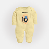 Baby Full Sleeve Bodysuit/ Sleep Suit/ Jumpsuit Birthday Outfit - 10th Month | Personalized Full Sleeve Bodysuit/ Sleep Suit/ Jumpsuit | Cozy Cotton Fabric - PASTEL YELLOW - New Born (Chest 7.5")