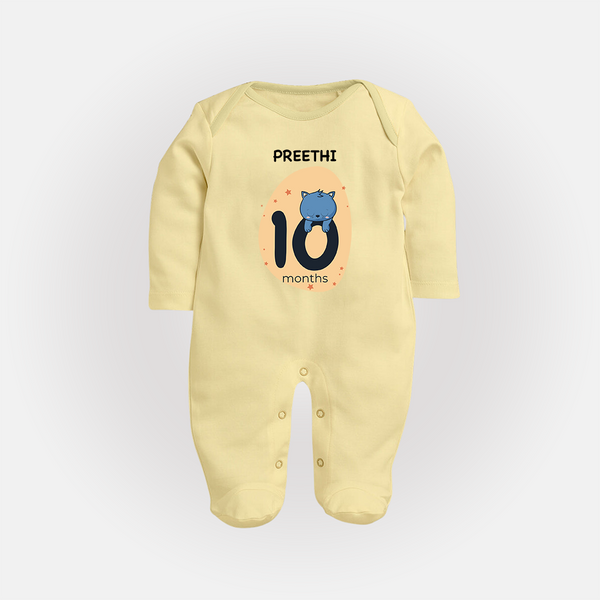 Baby Full Sleeve Bodysuit/ Sleep Suit/ Jumpsuit Birthday Outfit - 10th Month | Personalized Full Sleeve Bodysuit/ Sleep Suit/ Jumpsuit | Cozy Cotton Fabric - PASTEL YELLOW - New Born (Chest 7.5")