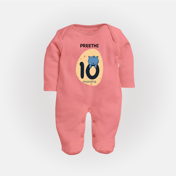 Baby Full Sleeve Bodysuit/ Sleep Suit/ Jumpsuit Birthday Outfit - 10th Month | Personalized Full Sleeve Bodysuit/ Sleep Suit/ Jumpsuit | Cozy Cotton Fabric - PEACH - New Born (Chest 7.5")