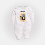 Baby Full Sleeve Bodysuit/ Sleep Suit/ Jumpsuit Birthday Outfit - 10th Month | Personalized Full Sleeve Bodysuit/ Sleep Suit/ Jumpsuit | Cozy Cotton Fabric - WHITE - New Born (Chest 7.5")