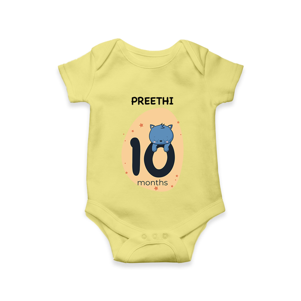 Baby Romper Birthday Outfit - 10th Month | Personalized Bodysuit | Cozy Cotton Fabric - PASTEL YELLOW - New Born (Chest 14")
