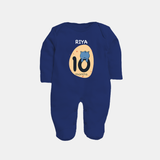 Baby Full Sleeve Bodysuit/ Sleep Suit/ Jumpsuit Birthday Outfit - 10th Month | Personalized Full Sleeve Bodysuit/ Sleep Suit/ Jumpsuit | Cozy Cotton Fabric - NAVY BLUE - New Born (Chest 7.5")