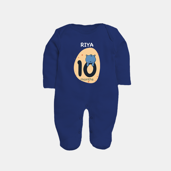 Baby Full Sleeve Bodysuit/ Sleep Suit/ Jumpsuit Birthday Outfit - 10th Month | Personalized Full Sleeve Bodysuit/ Sleep Suit/ Jumpsuit | Cozy Cotton Fabric - NAVY BLUE - New Born (Chest 7.5")