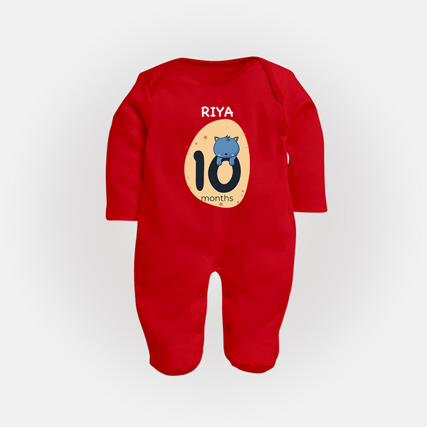 Baby Full Sleeve Bodysuit/ Sleep Suit/ Jumpsuit Birthday Outfit - 10th Month | Personalized Full Sleeve Bodysuit/ Sleep Suit/ Jumpsuit | Cozy Cotton Fabric - RED - New Born (Chest 7.5")