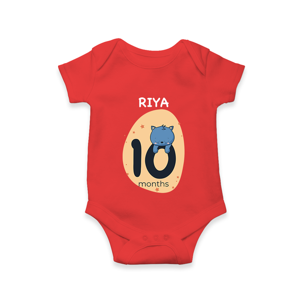 Baby Romper Birthday Outfit - 10th Month | Personalized Bodysuit | Cozy Cotton Fabric - RED - New Born (Chest 14")