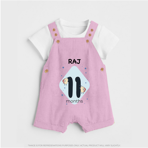 Baby Dungaree Set Birthday Outfit - 11th Month | Personalized Dungaree Set | Cozy Cotton Fabric - BABY PINK - 0 - 5 Months Old (Chest 18")