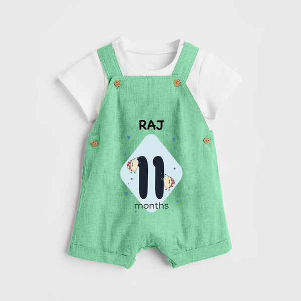 Baby Dungaree Set Birthday Outfit - 11th Month | Personalized Dungaree Set | Cozy Cotton Fabric - GREEN - 0 - 5 Months Old (Chest 18")