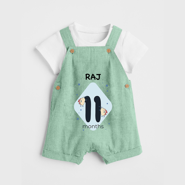 Baby Dungaree Set Birthday Outfit - 11th Month | Personalized Dungaree Set | Cozy Cotton Fabric - MINT GREEN - 0 - 5 Months Old (Chest 18")