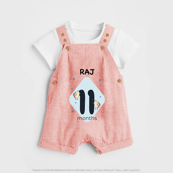 Baby Dungaree Set Birthday Outfit - 11th Month | Personalized Dungaree Set | Cozy Cotton Fabric - PEACH - 0 - 5 Months Old (Chest 18")