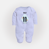 Baby Full Sleeve Bodysuit/ Sleep Suit/ Jumpsuit Birthday Outfit - 11th Month | Personalized Full Sleeve Bodysuit/ Sleep Suit/ Jumpsuit | Cozy Cotton Fabric - BABY BLUE - New Born (Chest 7.5")