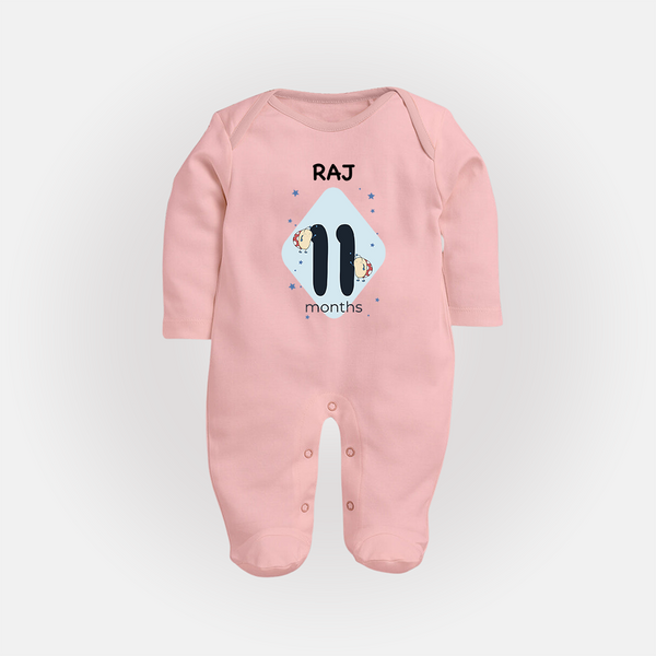 Baby Full Sleeve Bodysuit/ Sleep Suit/ Jumpsuit Birthday Outfit - 11th Month | Personalized Full Sleeve Bodysuit/ Sleep Suit/ Jumpsuit | Cozy Cotton Fabric - BABY PINK - New Born (Chest 7.5")