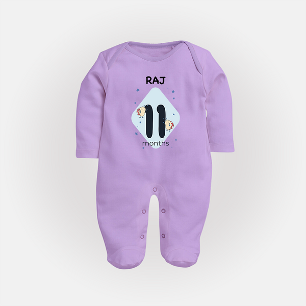 Baby Full Sleeve Bodysuit/ Sleep Suit/ Jumpsuit Birthday Outfit - 11th Month | Personalized Full Sleeve Bodysuit/ Sleep Suit/ Jumpsuit | Cozy Cotton Fabric - LILAC - New Born (Chest 7.5")