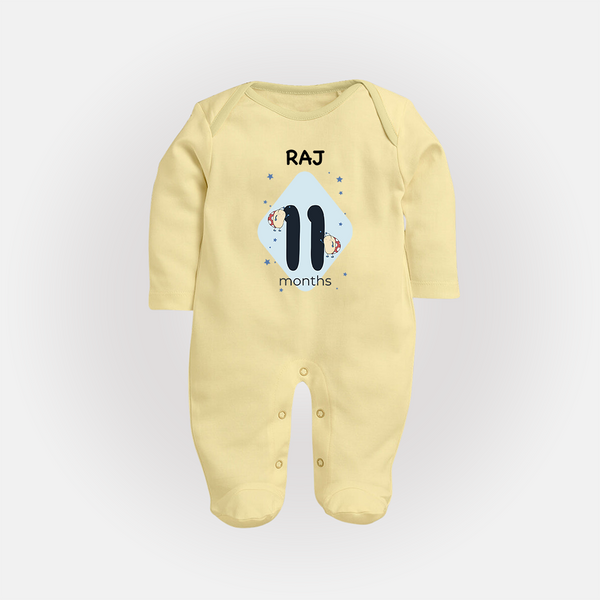 Baby Full Sleeve Bodysuit/ Sleep Suit/ Jumpsuit Birthday Outfit - 11th Month | Personalized Full Sleeve Bodysuit/ Sleep Suit/ Jumpsuit | Cozy Cotton Fabric - PASTEL YELLOW - New Born (Chest 7.5")