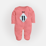 Baby Full Sleeve Bodysuit/ Sleep Suit/ Jumpsuit Birthday Outfit - 11th Month | Personalized Full Sleeve Bodysuit/ Sleep Suit/ Jumpsuit | Cozy Cotton Fabric - PEACH - New Born (Chest 7.5")