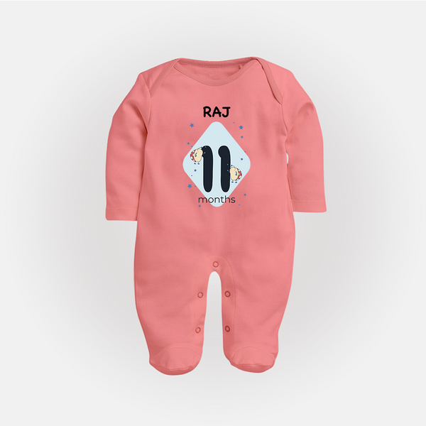 Baby Full Sleeve Bodysuit/ Sleep Suit/ Jumpsuit Birthday Outfit - 11th Month | Personalized Full Sleeve Bodysuit/ Sleep Suit/ Jumpsuit | Cozy Cotton Fabric - PEACH - New Born (Chest 7.5")