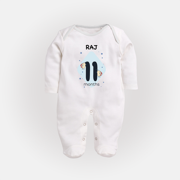 Baby Full Sleeve Bodysuit/ Sleep Suit/ Jumpsuit Birthday Outfit - 11th Month | Personalized Full Sleeve Bodysuit/ Sleep Suit/ Jumpsuit | Cozy Cotton Fabric - WHITE - New Born (Chest 7.5")