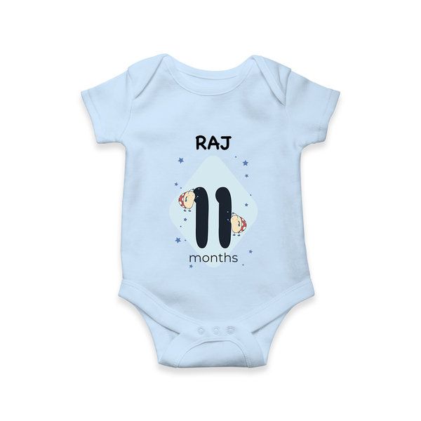 Baby Romper Birthday Outfit - 11th Month | Personalized Bodysuit | Cozy Cotton Fabric - BABY BLUE - New Born (Chest 14")