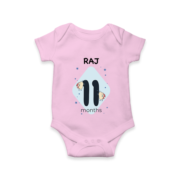 Baby Romper Birthday Outfit - 11th Month | Personalized Bodysuit | Cozy Cotton Fabric - BABY PINK - New Born (Chest 14")