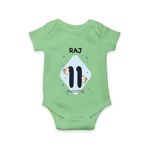 Baby Romper Birthday Outfit - 11th Month | Personalized Bodysuit | Cozy Cotton Fabric - GREEN - New Born (Chest 14")